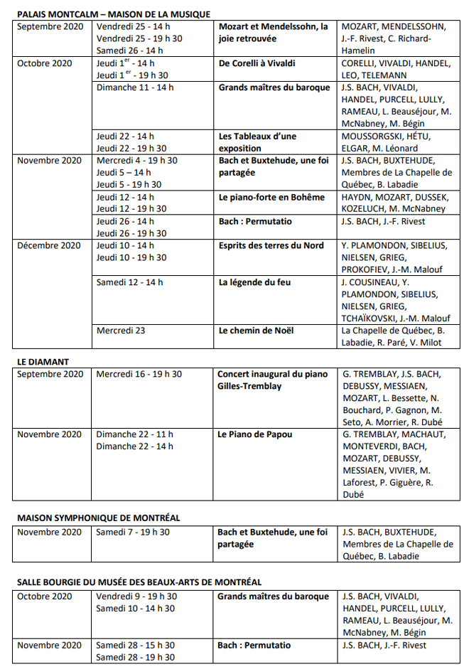 Programmation d’automne 2020 des Violons du Roy et de La Chapelle de Québec